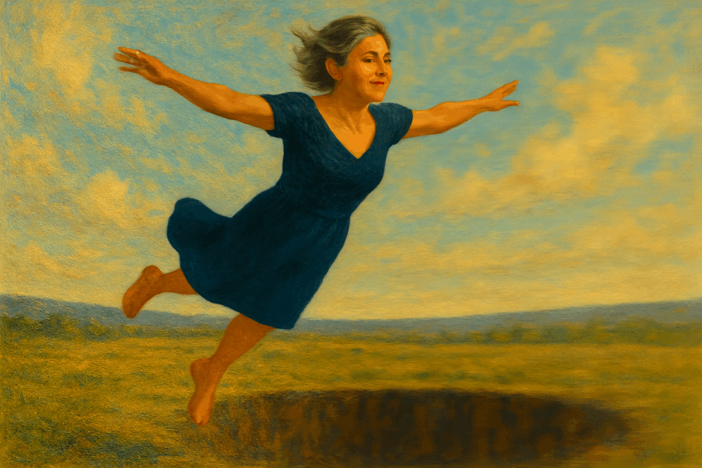 Woman flying over a hole in her path